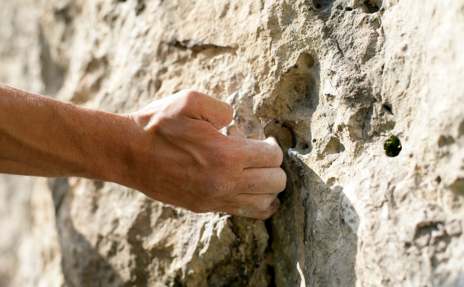 Mano sin magnesia agarrando una repisa de caliza agujereada bajo sol directo